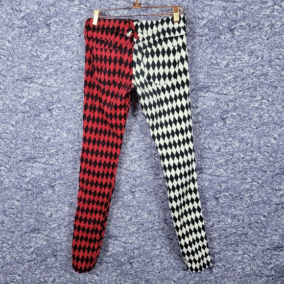 Black and Red Split Checkerboard Skinny Jeans - Picture 2 of 4